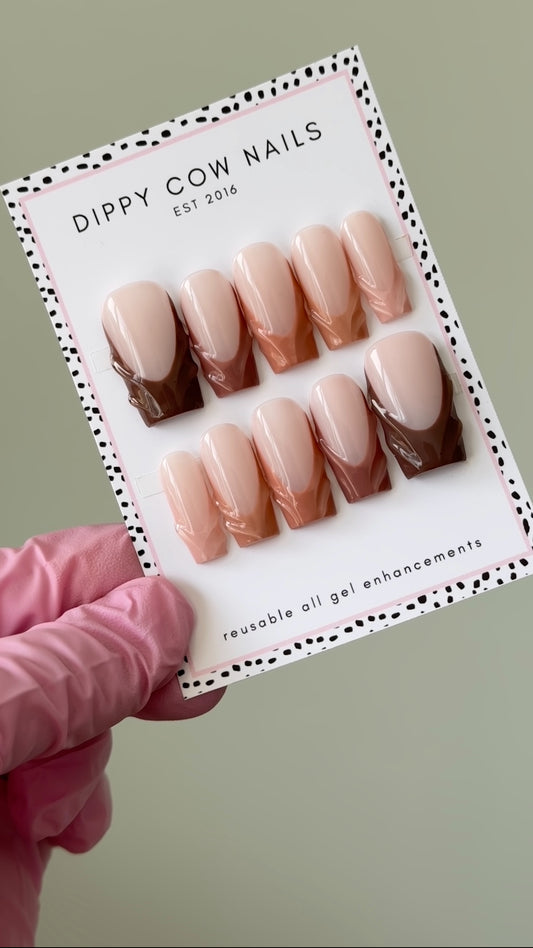 Cafe | 3D Brown French Tip | Custom Press On Nails