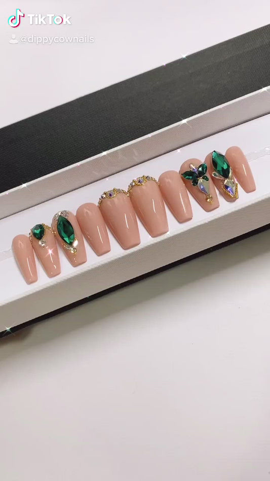 Emerald | Swarovski Nude | Custom Press On Nails